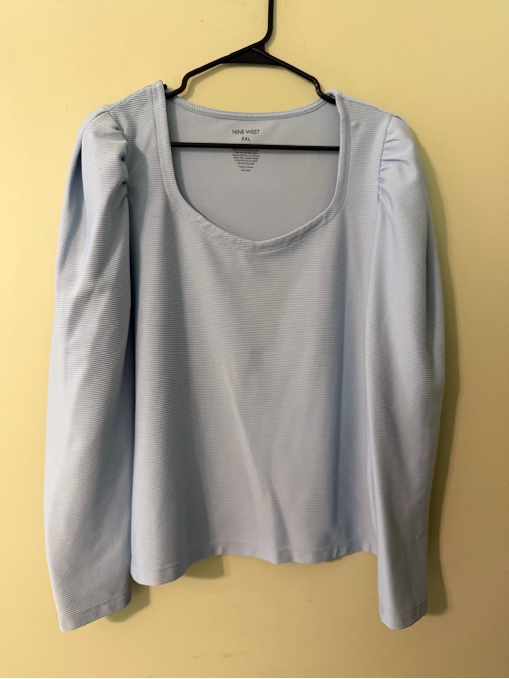 Nine West Light Blue Long-Sleeve Scoop Neck Top with Puff Shoulders